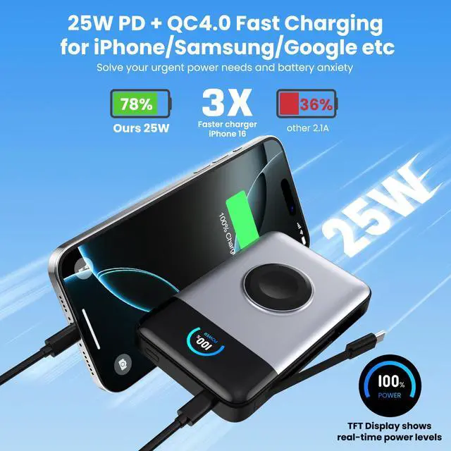 Alt view image 6 of 7 - Magnetic Portable Charger for MagSafe with Built-in Cable,iWatch Charger,Wireless Power Bank Travel Essentials,25W Fast Charging Battery Pack for iPhone 17/16/15,Apple Watch(Sliver,10800mAh)