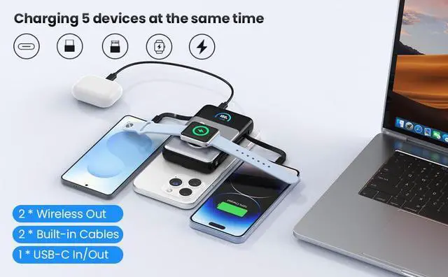Alt view image 6 of 7 - Magnetic Portable Charger 10800mAh with Built-in Cables, 15W Wireless Power Bank for Magsafe,30W PD Fast Charging USB-C Travel Essential Battery Pack for iPhone 17/16/15/14/13/12 Series