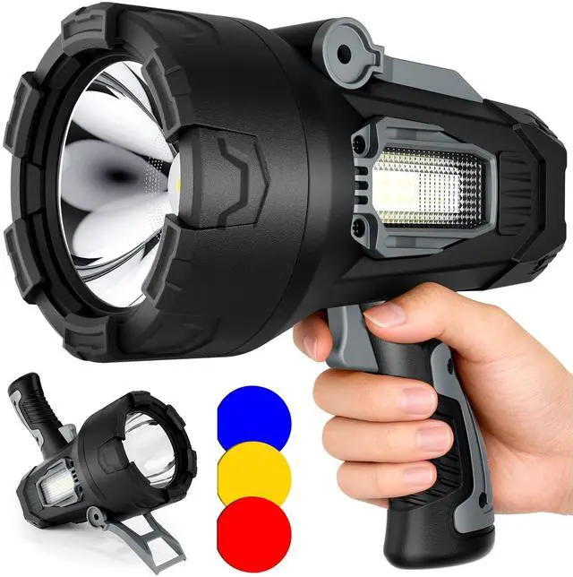 Main image of Rechargeable Spotlight 200000 Lumens, Waterproof Super Bright Spotlight Flashlight, LED Spotlights with 3 Color Lenses and Foldable Stand, Long Runtime Large Handheld Spot Light for Outdoor Boating
