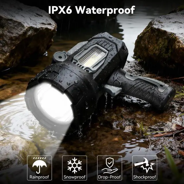 Alt view image 6 of 7 - Rechargeable Spotlight 200000 Lumens, Waterproof Super Bright Spotlight Flashlight, LED Spotlights with 3 Color Lenses and Foldable Stand, Long Runtime Large Handheld Spot Light for Outdoor Boating