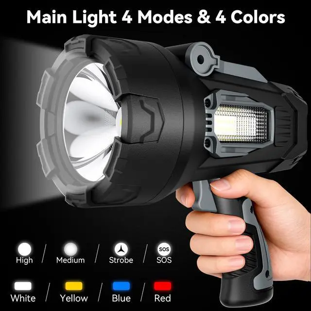 Alt view image 5 of 7 - Rechargeable Spotlight 200000 Lumens, Waterproof Super Bright Spotlight Flashlight, LED Spotlights with 3 Color Lenses and Foldable Stand, Long Runtime Large Handheld Spot Light for Outdoor Boating