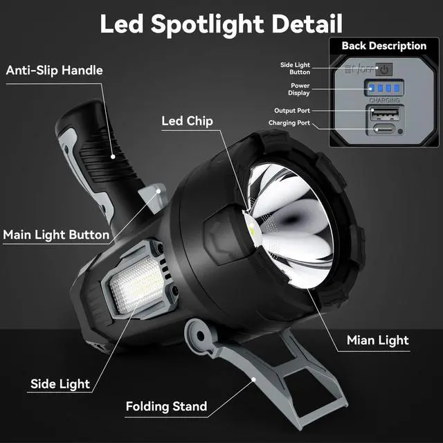 Alt view image 7 of 7 - Rechargeable Spotlight 200000 Lumens, Waterproof Super Bright Spotlight Flashlight, LED Spotlights with 3 Color Lenses and Foldable Stand, Long Runtime Large Handheld Spot Light for Outdoor Boating
