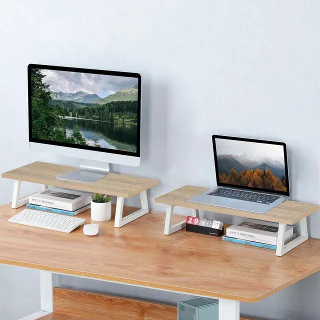 Alt view image 2 of 7 - 24 inch Monitor Stand Riser, Wood & Steel Computer Monitor Stand with Storage, Laptop, PC, Printer Stand Riser for Desktop Office Desk Organizers