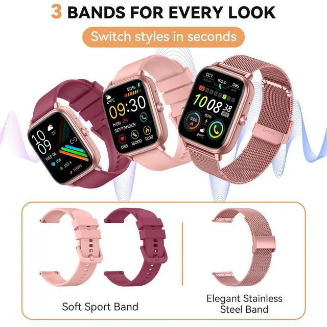 Alt view image 3 of 7 - Smart Watch for Women Men- 1000mAh Battery Answer/Make Call, Fitness Step Tracker Watch with Sleep Monitor/Activity Counter/110+ Sport Mode for Andriod iPhone iOS Compatible - 3 Straps, Pink