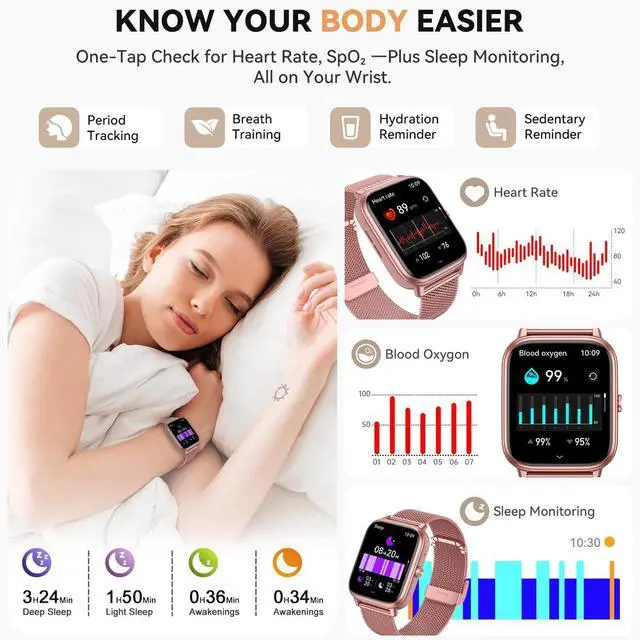Alt view image 5 of 7 - Smart Watch for Women Men- 1000mAh Battery Answer/Make Call, Fitness Step Tracker Watch with Sleep Monitor/Activity Counter/110+ Sport Mode for Andriod iPhone iOS Compatible - 3 Straps, Pink