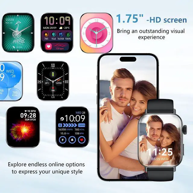Alt view image 5 of 7 - Black Smart Watche for Men/Women,1.75" fitness trackers with Heart Rate Monitor/Flashlight , IP67 Waterproof, Bluetooth Call & Music Control, Sport watch men,120+ Sport Smartwatch for iOS Phone Adroid