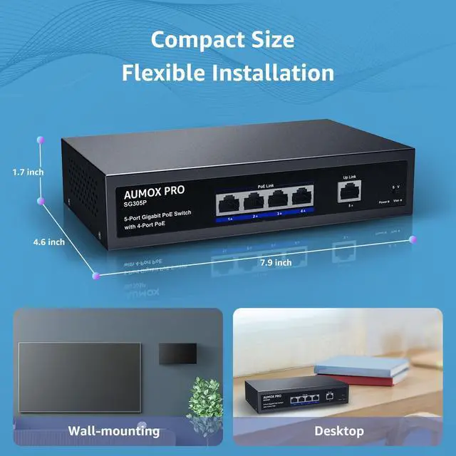 Alt view image 7 of 7 - SG305P 4 Port PoE Gigabit Ethernet Unmanaged with 1 Uplink Gigabit Ports 78W,Plug and Play,Sturdy Metal Fanless Vlan Network Switch 802.3af/at,Desktop or Wall Mount