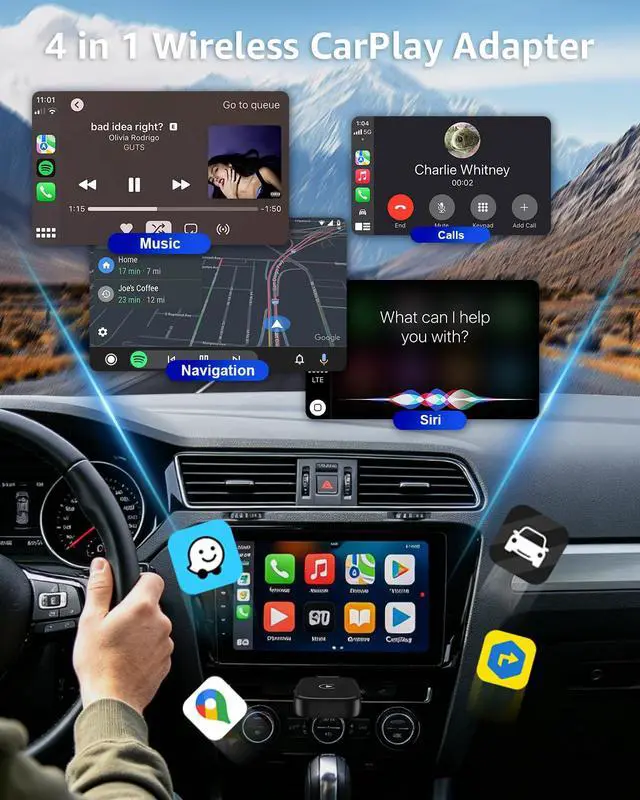 Alt view image 2 of 7 - 4 in 1 Wireless CarPlay Adapter Car Screen Mirroring Adapter for Apple iPhone& Android, Convert Wired CarPlay to Wireless, Stable Control & No Delay Latency, Plug and Play