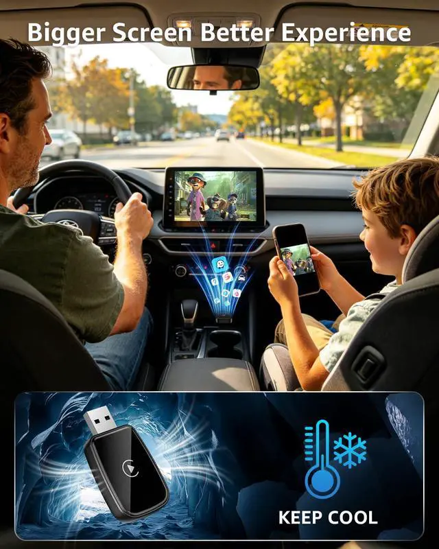Alt view image 3 of 7 - 4 in 1 Wireless CarPlay Adapter Car Screen Mirroring Adapter for Apple iPhone& Android, Convert Wired CarPlay to Wireless, Stable Control & No Delay Latency, Plug and Play