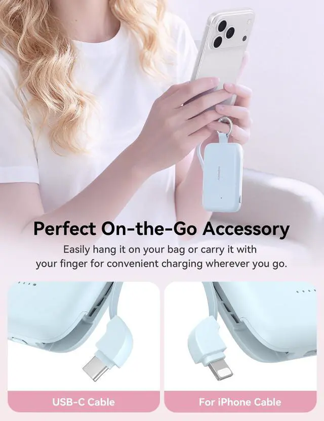 Alt view image 2 of 7 - CharmGo Portable Charger, 10000mAh PD 30W Fast Charging Portable Charger Power Bank with Built-in Cables, Travel Keychain Charger Battery Pack for iPhone 17/16/15, for AirPods 2/3/4/Pro, Blue
