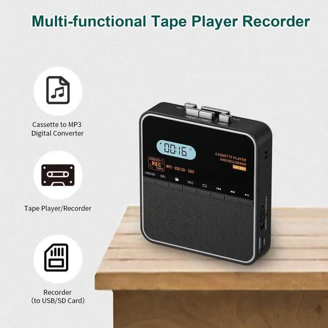 Alt view image 2 of 7 - Cassette Tape Player Recorder, Cassette to MP3 Converter, Record to Cassettes/USB/SD Card, LCD Display, Power by USB C or AA Battery, Built-in Speaker, Headphone Jack and Mic