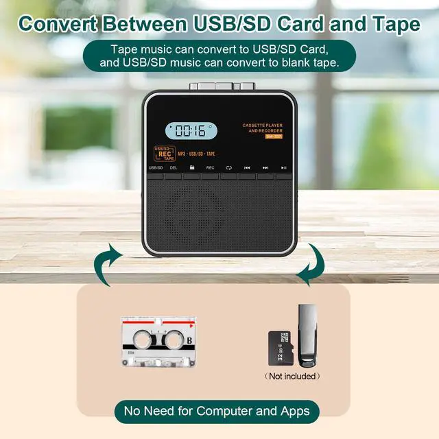 Alt view image 3 of 7 - Cassette Tape Player Recorder, Cassette to MP3 Converter, Record to Cassettes/USB/SD Card, LCD Display, Power by USB C or AA Battery, Built-in Speaker, Headphone Jack and Mic