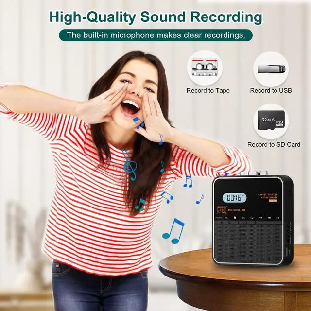 Alt view image 4 of 7 - Cassette Tape Player Recorder, Cassette to MP3 Converter, Record to Cassettes/USB/SD Card, LCD Display, Power by USB C or AA Battery, Built-in Speaker, Headphone Jack and Mic