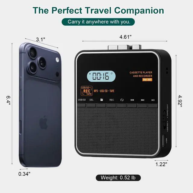 Alt view image 5 of 7 - Cassette Tape Player Recorder, Cassette to MP3 Converter, Record to Cassettes/USB/SD Card, LCD Display, Power by USB C or AA Battery, Built-in Speaker, Headphone Jack and Mic