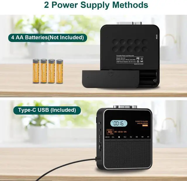 Alt view image 6 of 7 - Cassette Tape Player Recorder, Cassette to MP3 Converter, Record to Cassettes/USB/SD Card, LCD Display, Power by USB C or AA Battery, Built-in Speaker, Headphone Jack and Mic