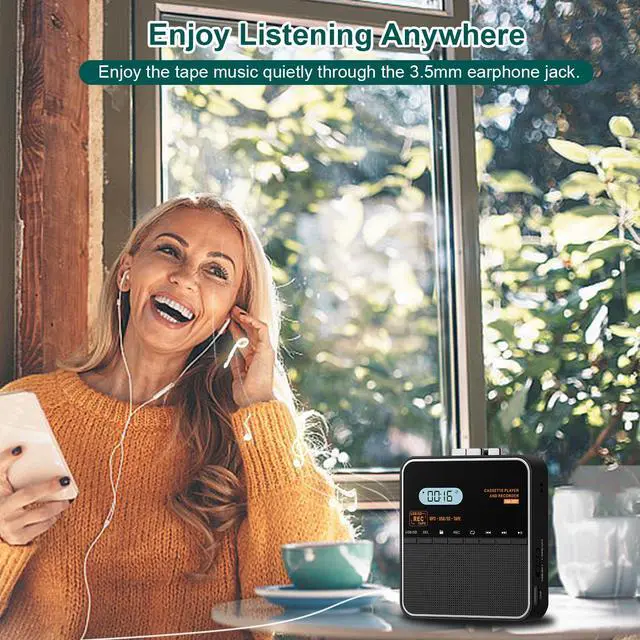 Alt view image 7 of 7 - Cassette Tape Player Recorder, Cassette to MP3 Converter, Record to Cassettes/USB/SD Card, LCD Display, Power by USB C or AA Battery, Built-in Speaker, Headphone Jack and Mic