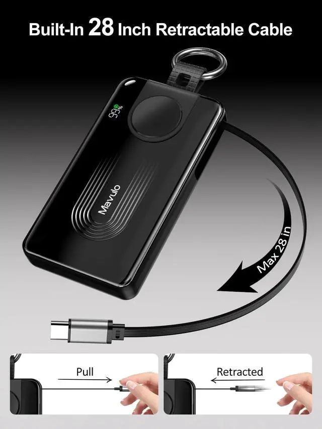 Alt view image 3 of 7 - 3-in-1 Portable Charger 10000mAh Power Bank for Samsung Galaxy Watch, Retractable USB-C Cable, 20W PD Fast Charging, LED Display & Keychain Battery Pack for iPhone 17/16/15 Air Pro Max Plus/S26