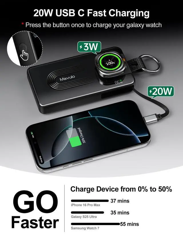 Alt view image 2 of 7 - 3-in-1 Portable Charger 10000mAh Power Bank for Samsung Galaxy Watch, Retractable USB-C Cable, 20W PD Fast Charging, LED Display & Keychain Battery Pack for iPhone 17/16/15 Air Pro Max Plus/S26