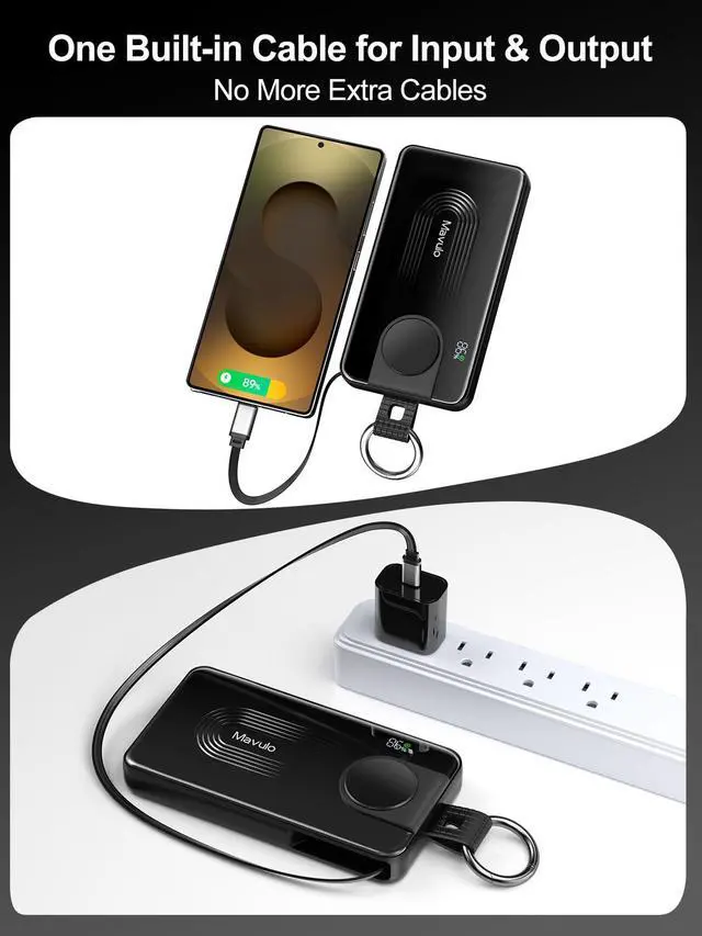 Alt view image 4 of 7 - 3-in-1 Portable Charger 10000mAh Power Bank for Samsung Galaxy Watch, Retractable USB-C Cable, 20W PD Fast Charging, LED Display & Keychain Battery Pack for iPhone 17/16/15 Air Pro Max Plus/S26