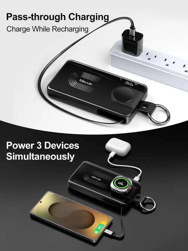 Alt view image 5 of 7 - 3-in-1 Portable Charger 10000mAh Power Bank for Samsung Galaxy Watch, Retractable USB-C Cable, 20W PD Fast Charging, LED Display & Keychain Battery Pack for iPhone 17/16/15 Air Pro Max Plus/S26