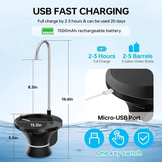 Alt view image 2 of 7 - Drinking Water Dispenser Pump, Automatic Electric Drinking Water Bottle Pump for 2-5 Gallon Water Jugs, USB Rechargeable with 2 Switch Control, Stable and Portable for Home, Kitchen, Office, Camping