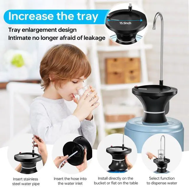 Alt view image 3 of 7 - Drinking Water Dispenser Pump, Automatic Electric Drinking Water Bottle Pump for 2-5 Gallon Water Jugs, USB Rechargeable with 2 Switch Control, Stable and Portable for Home, Kitchen, Office, Camping