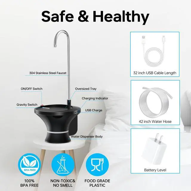 Alt view image 6 of 7 - Drinking Water Dispenser Pump, Automatic Electric Drinking Water Bottle Pump for 2-5 Gallon Water Jugs, USB Rechargeable with 2 Switch Control, Stable and Portable for Home, Kitchen, Office, Camping