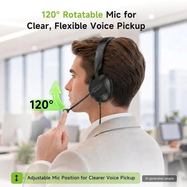 Alt view image 6 of 7 - Headset with Microphone for PC - ENC Noise Cancelling Headphones with Mic, Dual USB C Headset with Microphone & USB, 40mm Drivers Wired Headset with Mic for Work, Call Center Headset for Office