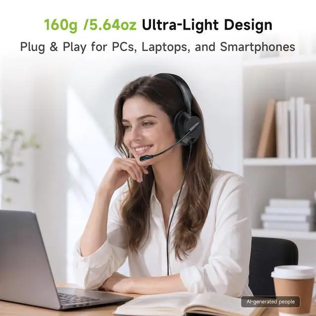 Alt view image 5 of 7 - Headset with Microphone for PC - ENC Noise Cancelling Headphones with Mic, Dual USB C Headset with Microphone & USB, 40mm Drivers Wired Headset with Mic for Work, Call Center Headset for Office