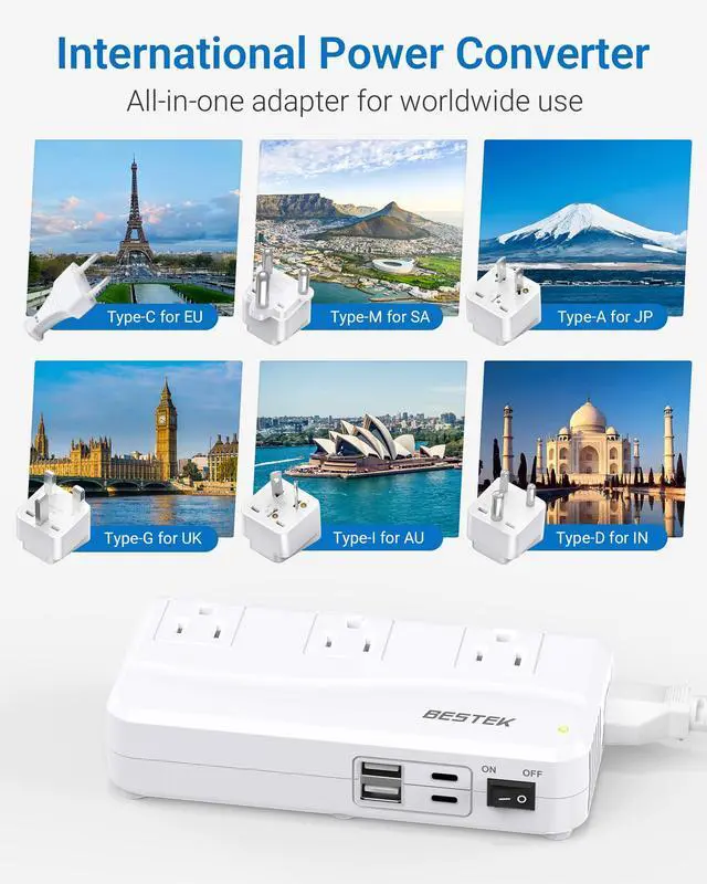 Alt view image 2 of 7 - 220V to 110V Converter, 300W AC Voltage Converter US to Europe with 2 USB-C (PD20w), Step Down Power Converter for European Travel, (EU/UK/AU/JP/India/South Africa 5 Universal Plug Adapter)