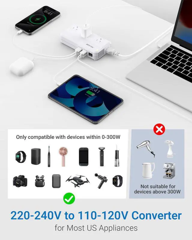Alt view image 3 of 7 - 220V to 110V Converter, 300W AC Voltage Converter US to Europe with 2 USB-C (PD20w), Step Down Power Converter for European Travel, (EU/UK/AU/JP/India/South Africa 5 Universal Plug Adapter)