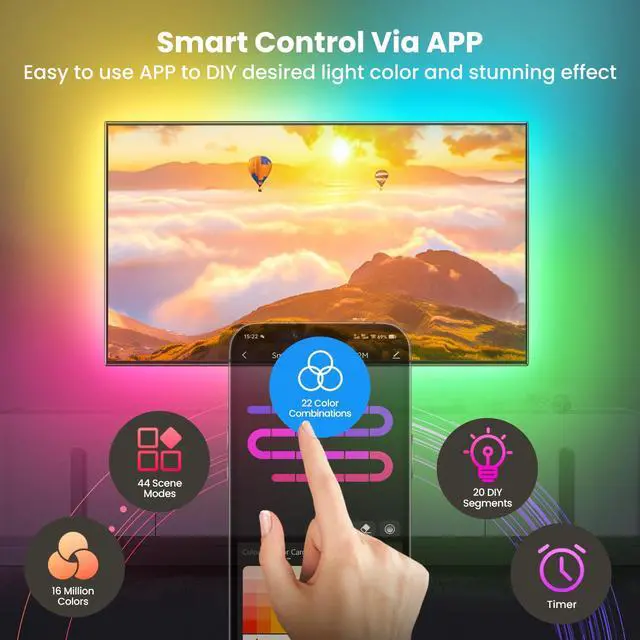 Alt view image 4 of 7 - 16.4ft LED Lights for 50-75 Inch TV, RGB+IC TV Lights Backlight Strip Behind, with 44 Scene Modes, Bluetooth APP and Voice Control, Music Sync Smart Ambient Lighting for Gaming, Bedroom, Living Room