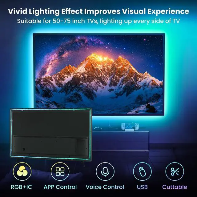 Alt view image 2 of 7 - 16.4ft LED Lights for 50-75 Inch TV, RGB+IC TV Lights Backlight Strip Behind, with 44 Scene Modes, Bluetooth APP and Voice Control, Music Sync Smart Ambient Lighting for Gaming, Bedroom, Living Room
