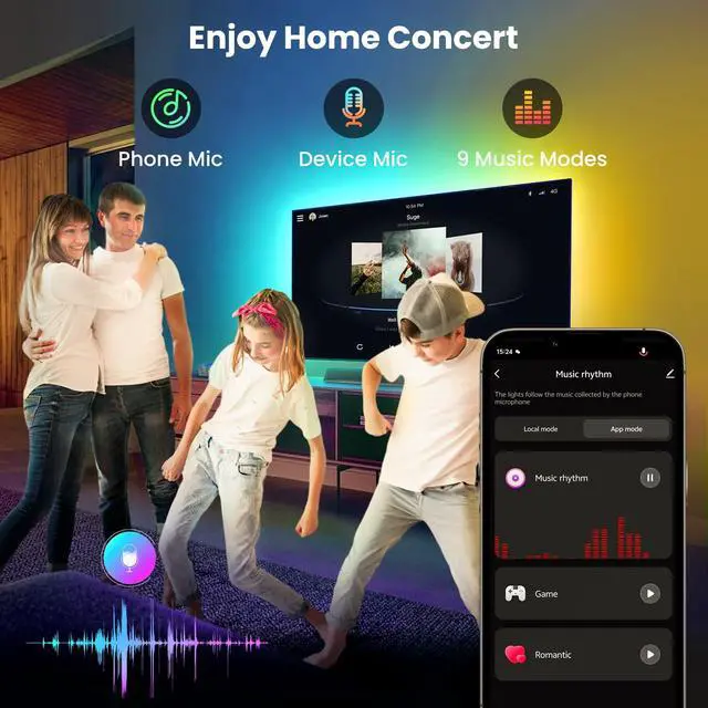 Alt view image 7 of 7 - 16.4ft LED Lights for 50-75 Inch TV, RGB+IC TV Lights Backlight Strip Behind, with 44 Scene Modes, Bluetooth APP and Voice Control, Music Sync Smart Ambient Lighting for Gaming, Bedroom, Living Room