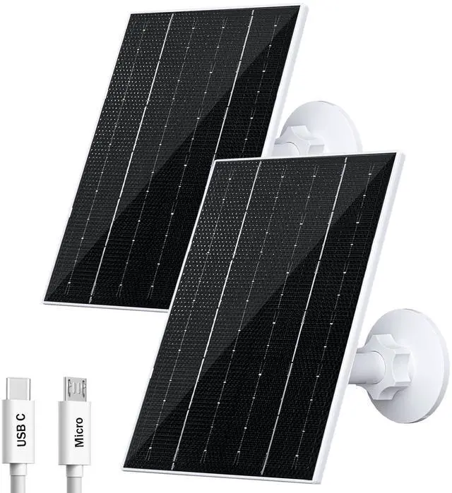 Main image of 4W Solar Panel for Security Camera, Type-C/Micro USB Solar Charger for Rechargeable Battery Cameras, IP66 Waterproof, 360° Adjustable Bracket, 9.8ft Cable for Outdoor Use, 2 Pack