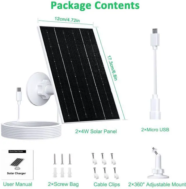 Alt view image 2 of 7 - 4W Solar Panel for Security Camera, Type-C/Micro USB Solar Charger for Rechargeable Battery Cameras, IP66 Waterproof, 360° Adjustable Bracket, 9.8ft Cable for Outdoor Use, 2 Pack