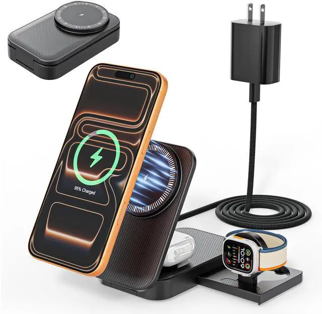 Main image of 3 in 1 Wireless Charger Stand, 25W Foldable Wireless Charging Station for Apple Multiple Devices Fast Magnetic Charger with 6FT USB C Cable for iPhone 17 16 15 14 13 12 Series/Apple Watch/AirPods Pro