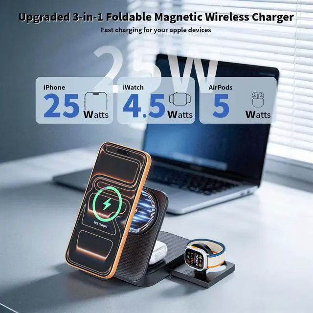 Alt view image 2 of 7 - 3 in 1 Wireless Charger Stand, 25W Foldable Wireless Charging Station for Apple Multiple Devices Fast Magnetic Charger with 6FT USB C Cable for iPhone 17 16 15 14 13 12 Series/Apple Watch/AirPods Pro