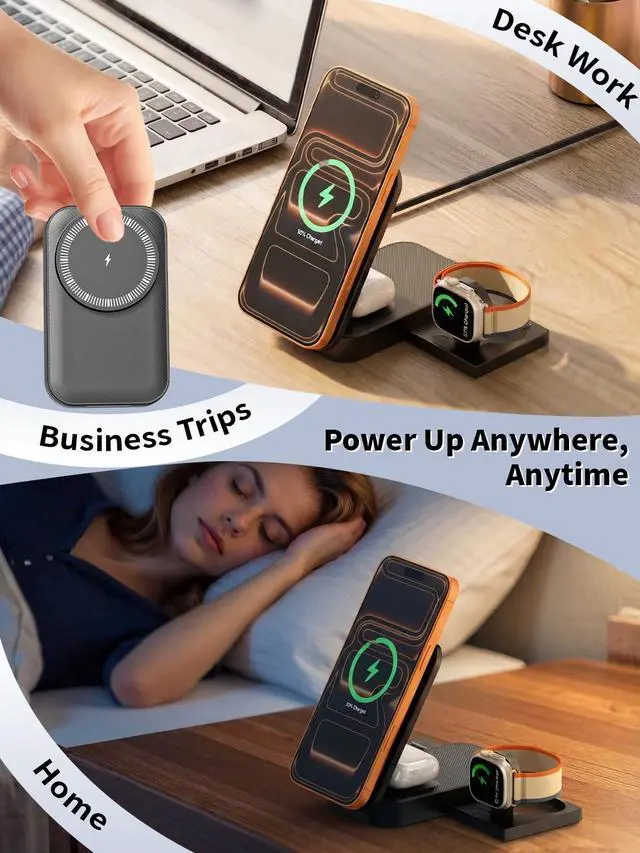 Alt view image 6 of 7 - 3 in 1 Wireless Charger Stand, 25W Foldable Wireless Charging Station for Apple Multiple Devices Fast Magnetic Charger with 6FT USB C Cable for iPhone 17 16 15 14 13 12 Series/Apple Watch/AirPods Pro