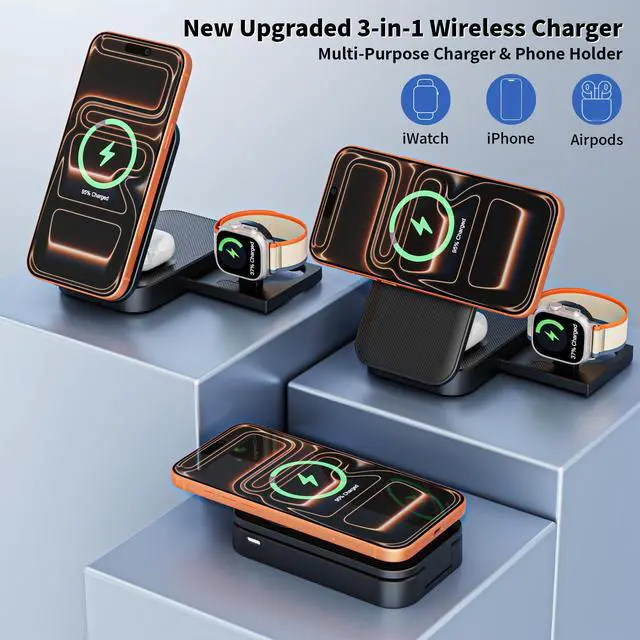 Alt view image 5 of 7 - 3 in 1 Wireless Charger Stand, 25W Foldable Wireless Charging Station for Apple Multiple Devices Fast Magnetic Charger with 6FT USB C Cable for iPhone 17 16 15 14 13 12 Series/Apple Watch/AirPods Pro