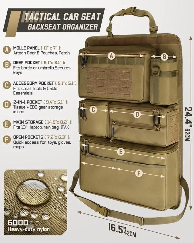 Alt view image 2 of 7 - All in One Car Seat Back Organizer, Heavy Duty Molle Panel Seat Back Protector with Multi-Pockets Storage for Tools, Camping, Travel, Fit Most Cars SUV Trucks Jeeps Pickups