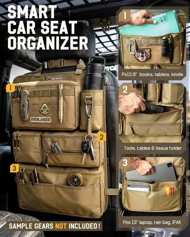 Alt view image 3 of 7 - All in One Car Seat Back Organizer, Heavy Duty Molle Panel Seat Back Protector with Multi-Pockets Storage for Tools, Camping, Travel, Fit Most Cars SUV Trucks Jeeps Pickups