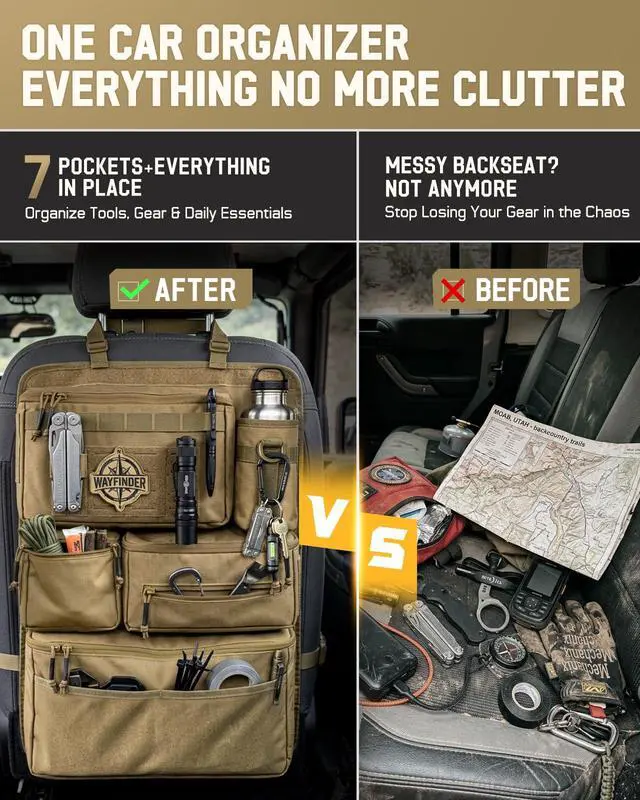 Alt view image 4 of 7 - All in One Car Seat Back Organizer, Heavy Duty Molle Panel Seat Back Protector with Multi-Pockets Storage for Tools, Camping, Travel, Fit Most Cars SUV Trucks Jeeps Pickups