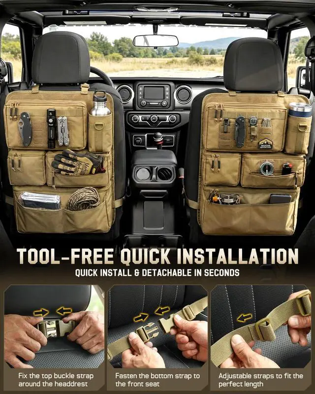 Alt view image 5 of 7 - All in One Car Seat Back Organizer, Heavy Duty Molle Panel Seat Back Protector with Multi-Pockets Storage for Tools, Camping, Travel, Fit Most Cars SUV Trucks Jeeps Pickups