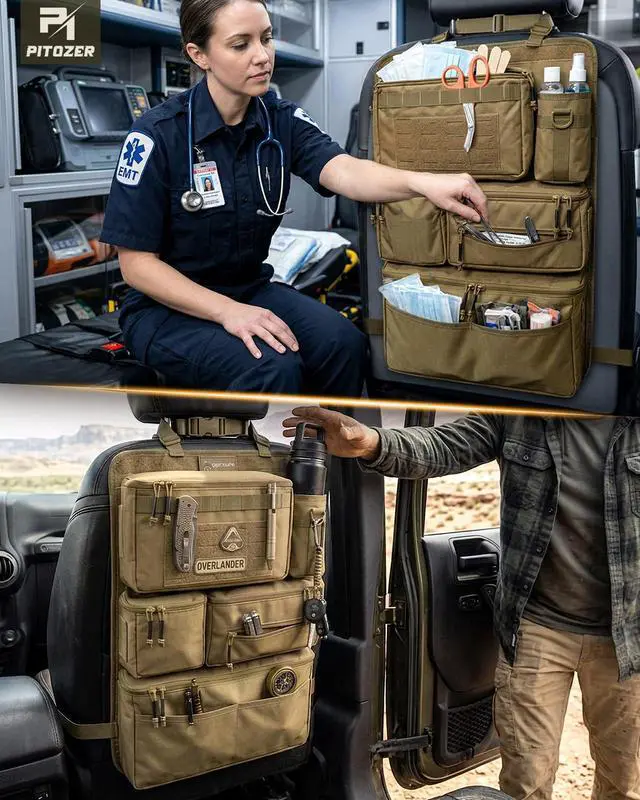 Alt view image 7 of 7 - All in One Car Seat Back Organizer, Heavy Duty Molle Panel Seat Back Protector with Multi-Pockets Storage for Tools, Camping, Travel, Fit Most Cars SUV Trucks Jeeps Pickups