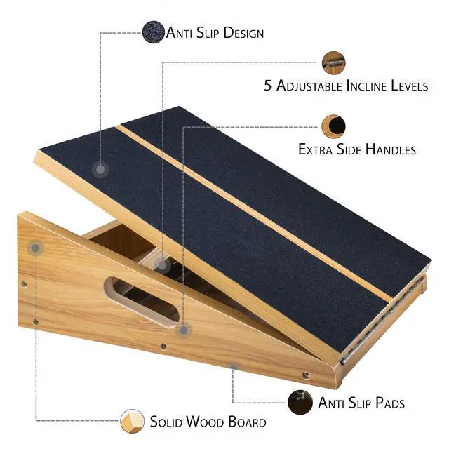 Alt view image 4 of 7 - Wooden Slant Board, 5 Positions Adjustable Slant Board for Calf Stretching Squats Incline Board and Calf Stretcher, Slant Squat Board for Knees Ankle Heel Feet Leg