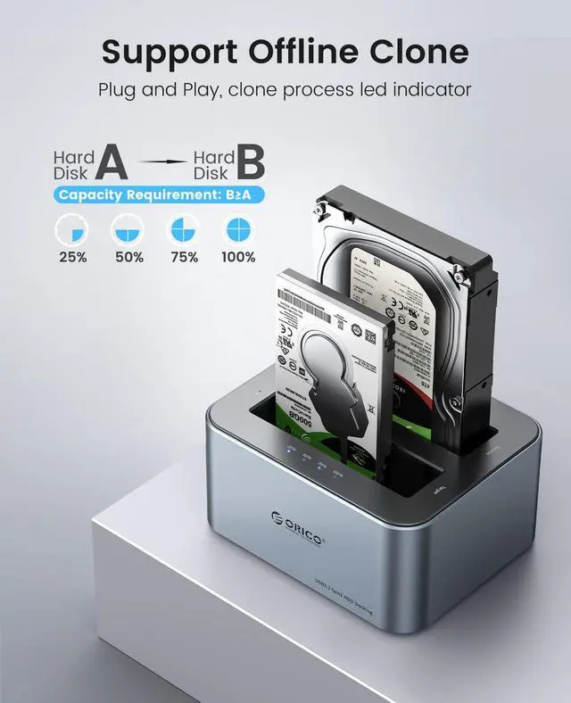Alt view image 4 of 7 - Hard Drive Docking Station with Offline Clone, Aluminum Alloy Dual Bay USB C to SATA Hard Drive Dock Holder for 2.5 or 3.5 Inch HDD 36TB UASP Support,Gray (6626C3-C)