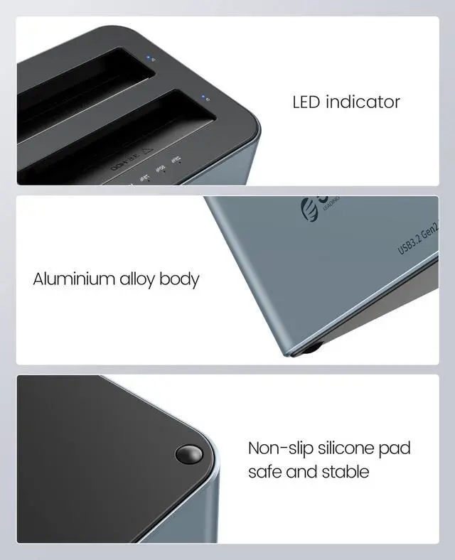 Alt view image 7 of 7 - Hard Drive Docking Station with Offline Clone, Aluminum Alloy Dual Bay USB C to SATA Hard Drive Dock Holder for 2.5 or 3.5 Inch HDD 36TB UASP Support,Gray (6626C3-C)