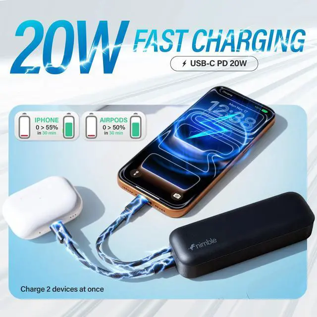 Alt view image 3 of 7 - Wally Pro 20, 2-in-1 Portable Wall Charger + 5,000mAh Power Bank with Foldable Plug, Built-in USB-C Cable, 20W Fast Charging Battery Pack for iPhone, Samsung Galaxy, iPad & USB-C Devices