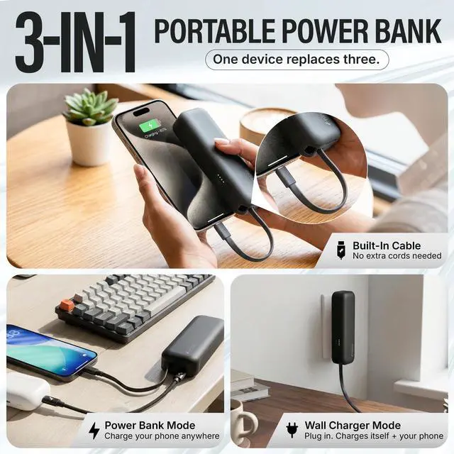 Alt view image 2 of 7 - Wally Pro 20, 2-in-1 Portable Wall Charger + 5,000mAh Power Bank with Foldable Plug, Built-in USB-C Cable, 20W Fast Charging Battery Pack for iPhone, Samsung Galaxy, iPad & USB-C Devices